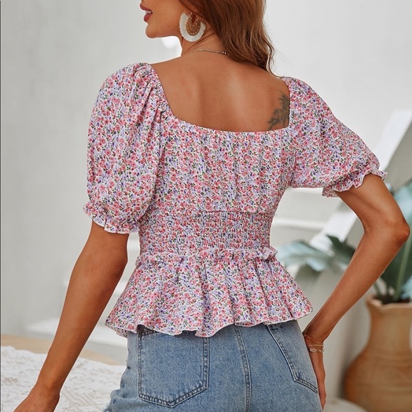 Ditsy Floral Smocked Flounce Sleeve Peplum Blouse - Picture 3 of 4